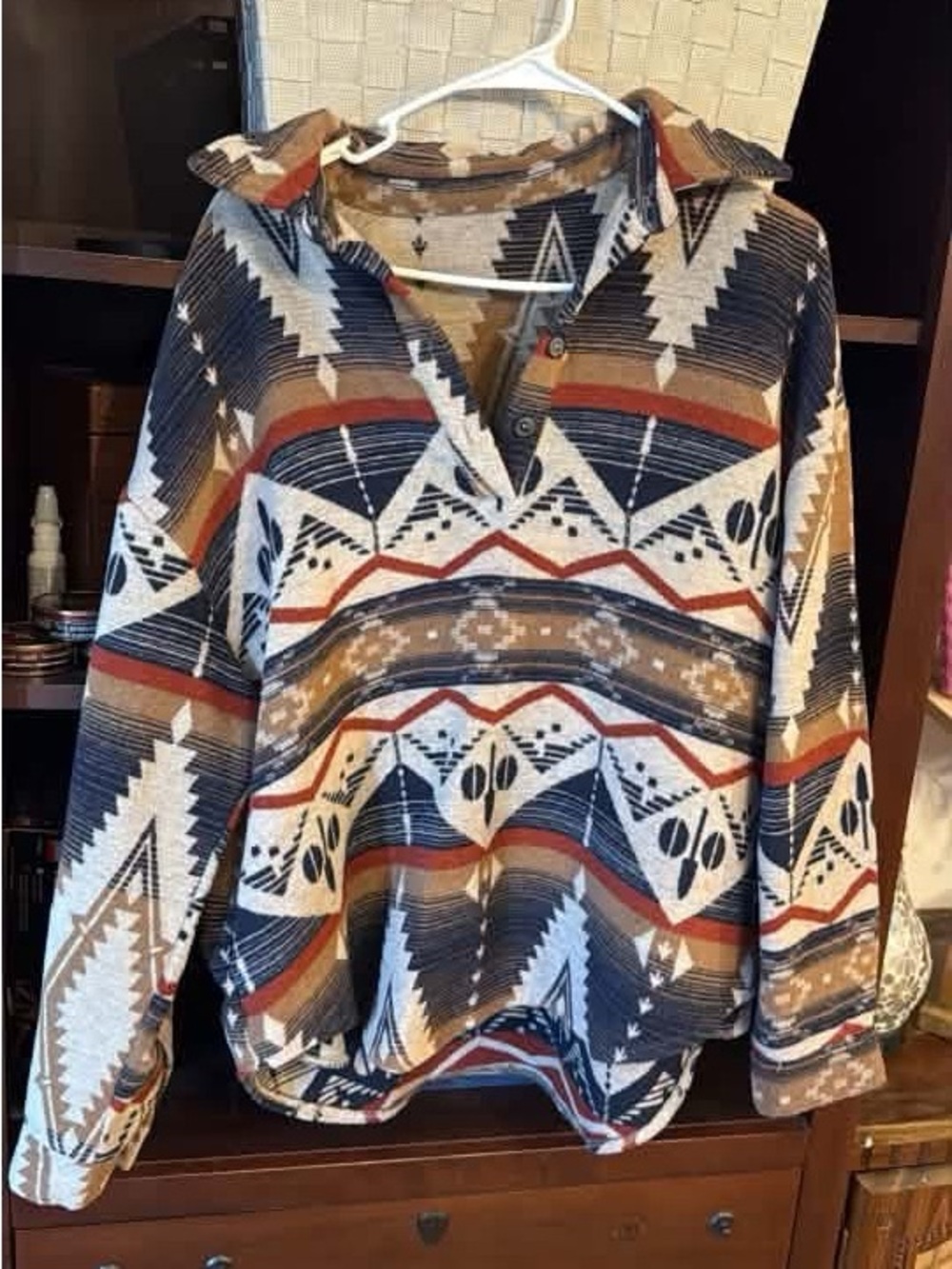 Women's Aztec Pattern Pullover Sweater in Navy, Rust & Cream